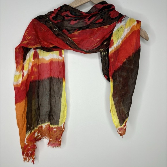 J. Jill Scarf Wrap 70x20 Brown Modal Red Yellow Boho Indie Hippie Artsy Fringe - Picture 2 of 7